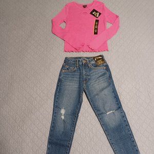 2 piece outfit girls size small 6/7 long sleeve shirt girls 5t jeans adjustable